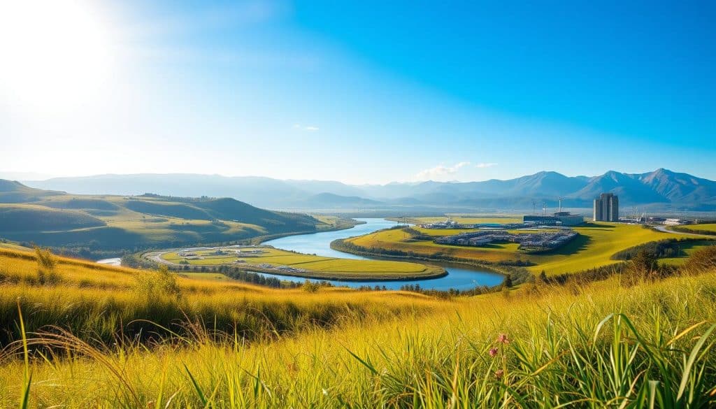 A tranquil, sunlit landscape depicting the evolution of sustainable finance. In the foreground, a verdant meadow with swaying grasses and wildflowers, symbolizing the growth and flourishing of eco-friendly investment practices. The middle ground features a winding river cutting through rolling hills, its crystal-clear waters reflecting the blue sky above. Along the riverbanks, modern, energy-efficient buildings and renewable energy infrastructure emerge, showcasing the integration of sustainability into the financial sector. In the distant background, majestic mountains rise, their peaks touched by wisps of cloud, evoking a sense of timelessness and the long-term vision of sustainable finance. The scene is bathed in a warm, golden light, conveying a sense of hope and optimism for the future of responsible investing. A tranquil, sunlit landscape depicting the evolution of sustainable finance. In the foreground, a verdant meadow with swaying grasses and wildflowers, symbolizing the growth and flourishing of eco-friendly investment practices. The middle ground features a winding river cutting through rolling hills, its crystal-clear waters reflecting the blue sky above. Along the riverbanks, modern, energy-efficient buildings and renewable energy infrastructure emerge, showcasing the integration of sustainability into the financial sector. In the distant background, majestic mountains rise, their peaks touched by wisps of cloud, evoking a sense of timelessness and the long-term vision of sustainable finance. The scene is bathed in a warm, golden light, conveying a sense of hope and optimism for the future of responsible investing.
