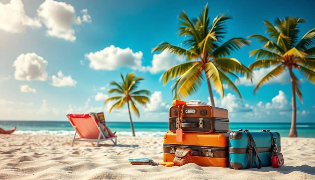 A tranquil tropical beach scene with a vibrant blue sky and fluffy white clouds. In the foreground, a stack of colorful suitcases, luggage tags, and a travel-related accessories laid out neatly. The middle ground features a person relaxing on a beach chair, reading a travel guidebook. In the background, palm trees sway gently, and the calm ocean waves lap at the shore. The overall mood is one of relaxation, comfort, and the excitement of an upcoming journey. Warm, soft lighting illuminates the scene, creating a welcoming and inviting atmosphere. A tranquil tropical beach scene with a vibrant blue sky and fluffy white clouds. In the foreground, a stack of colorful suitcases, luggage tags, and a travel-related accessories laid out neatly. The middle ground features a person relaxing on a beach chair, reading a travel guidebook. In the background, palm trees sway gently, and the calm ocean waves lap at the shore. The overall mood is one of relaxation, comfort, and the excitement of an upcoming journey. Warm, soft lighting illuminates the scene, creating a welcoming and inviting atmosphere.