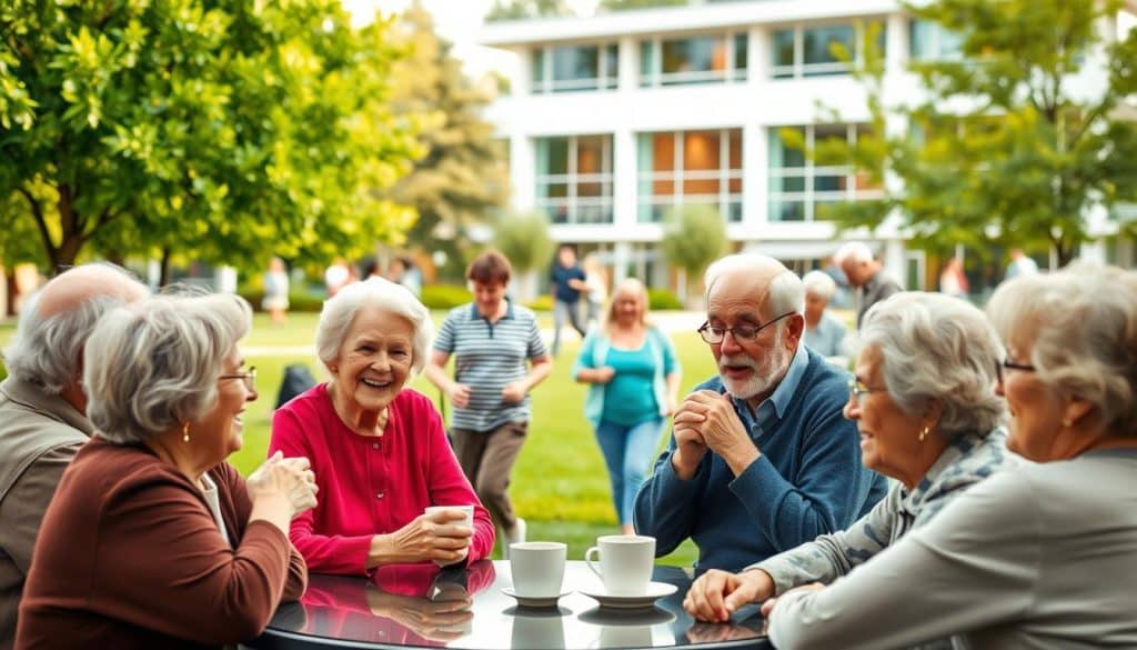 A vibrant, active retirement scene featuring a diverse group of senior citizens engaged in various pursuits. In the foreground, a group of retirees are gathered around a table, deep in animated conversation over cups of coffee. In the middle ground, others are strolling through a lush, verdant park, some walking briskly, others leisurely ambling. In the background, a modern, well-equipped community center or activity hub is visible, its facade bathed in warm, natural lighting. The overall atmosphere is one of energy, purpose, and a zest for life, conveying the idea of an "active retirement" where the elderly continue to thrive, learn, and enjoy their golden years.