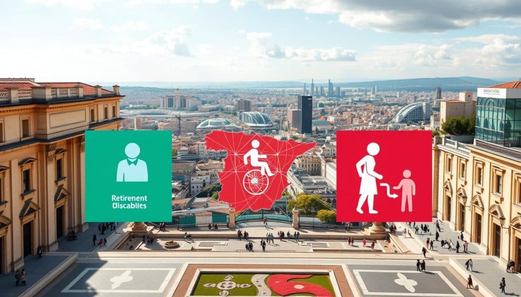 A vibrant and authoritative visual representation of the Spanish social security system, showcasing its core components and structure. Set against a backdrop of architectural grandeur, the foreground features a stylized depiction of the system's foundational pillars - retirement, disability, and healthcare benefits - conveyed through geometric shapes and vivid color palettes. The middle ground highlights the interconnectedness of these elements, with intricate lines and patterns symbolizing the web of policies and regulations that govern the system. In the background, a panoramic view of a modern Spanish city skyline, with iconic landmarks and bustling activity, underscoring the system's vital role in the nation's social and economic fabric. The overall composition exudes a sense of stability, security, and forward-thinking design, befitting the pivotal importance of the Spanish social security system. A vibrant and authoritative visual representation of the Spanish social security system, showcasing its core components and structure. Set against a backdrop of architectural grandeur, the foreground features a stylized depiction of the system's foundational pillars - retirement, disability, and healthcare benefits - conveyed through geometric shapes and vivid color palettes. The middle ground highlights the interconnectedness of these elements, with intricate lines and patterns symbolizing the web of policies and regulations that govern the system. In the background, a panoramic view of a modern Spanish city skyline, with iconic landmarks and bustling activity, underscoring the system's vital role in the nation's social and economic fabric. The overall composition exudes a sense of stability, security, and forward-thinking design, befitting the pivotal importance of the Spanish social security system.
