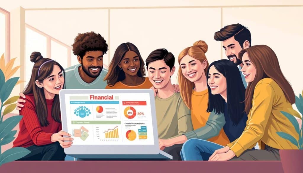 A vibrant and engaging illustration of young adults engaged in financial education. In the foreground, a group of diverse, youthful individuals gathered around a laptop, intently discussing financial concepts. The middle ground features informative visuals and infographics displayed on the laptop screen, highlighting the essential principles of personal finance. The background depicts a modern, minimalist office setting with clean lines and a warm, inviting color palette, conveying a sense of professionalism and approachability. The lighting is soft and diffused, creating a welcoming atmosphere. The overall composition emphasizes the importance of financial literacy for young people, encouraging them to take control of their financial futures.