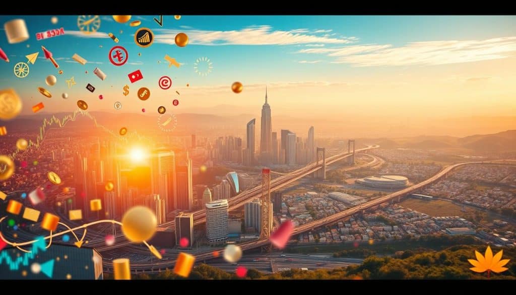 A vibrant and immersive scene depicting the "mundo inversiones" (world of investments). In the foreground, a dynamic array of financial instruments and symbols float and intertwine, casting a warm glow across the frame. In the middle ground, a bustling cityscape rises, with towering skyscrapers and intricate networks of roads and bridges, all bathed in a soft, golden light. In the background, a sweeping panorama of rolling hills and a vast, open sky, hinting at the vast potential and opportunities of the investment landscape. The overall composition conveys a sense of depth, movement, and the exhilarating complexity of the world of investments.