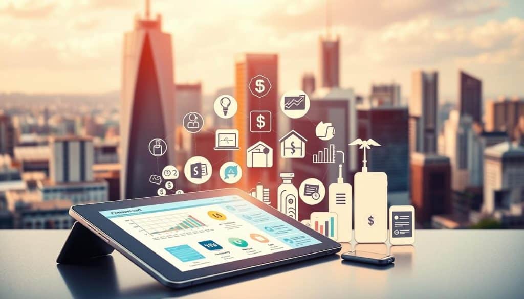 A vibrant and informative digital education finance toolkit, featuring a variety of modern tools and resources. In the foreground, a sleek tablet displays interactive financial planning interfaces, while in the middle ground, various icons and symbols representing budgeting, investment, and money management apps are arranged. The background depicts a dynamic cityscape, hinting at the real-world applications of these digital financial tools. The scene is illuminated by a warm, optimistic lighting, conveying a sense of empowerment and growth. The overall composition strikes a balance between technological sophistication and practical, user-friendly design, making it an ideal visual representation of the "Herramientas y Recursos para Ampliar tus Conocimientos Financieros" section.