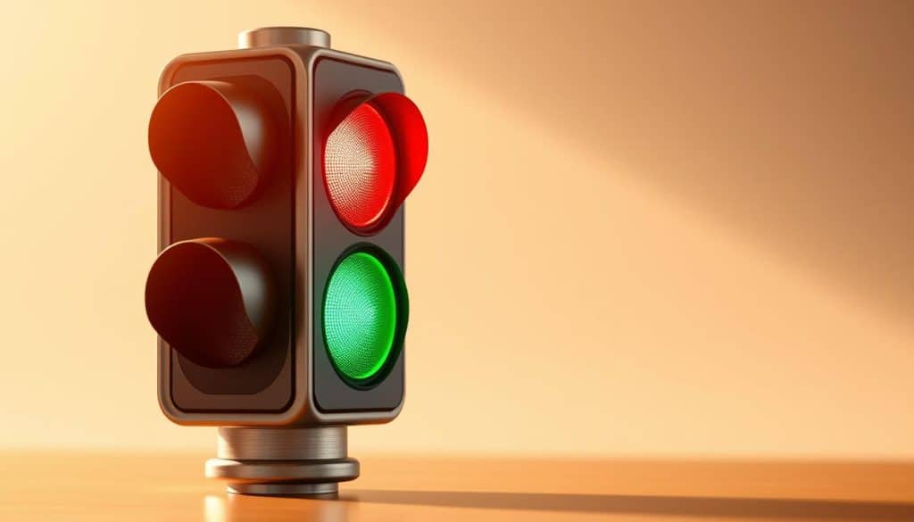 A vibrant and informative risk gauge, showcasing the OCU (Organización de Consumidores y Usuarios) traffic light system. A detailed, photorealistic rendering captured in warm, natural lighting, shot from a slight high angle to emphasize the visual hierarchy. The foreground features the iconic three-color light display, with each segment clearly delineated and sized proportionally. The middle ground includes a sleek, minimalist housing, rendered in a brushed metal finish. The background subtly blends in a soft, muted gradient, allowing the risk indicator to take center stage. The overall composition conveys a sense of clarity, precision, and the authoritative presence of the OCU's investment guidance.