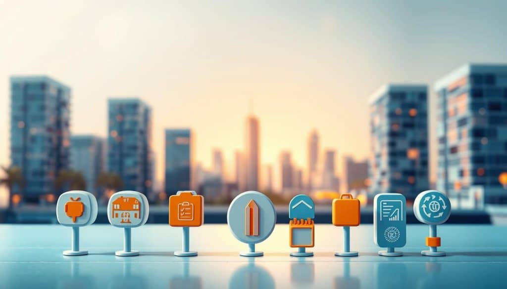 A vibrant and professional illustration depicting mandatory insurance policies for self-employed individuals in Spain. In the foreground, a group of distinct icons representing different types of coverage - healthcare, retirement, liability, etc. - arranged in an organized manner. The middle ground features a modern, minimalist cityscape with high-rise buildings, capturing the urban setting. The background is softly blurred, allowing the focal point to shine. The overall scene is illuminated by warm, directional lighting, casting subtle shadows and creating depth. The color palette is a harmonious blend of blues, grays, and accents of orange, conveying a sense of reliability and trust. The composition is balanced and visually appealing, designed to effectively communicate the theme of mandatory insurance for self-employed workers in Spain.