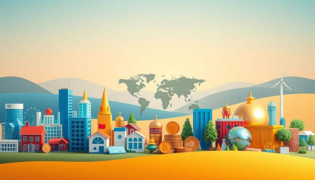 A vibrant and visually compelling illustration of various investment asset types, captured with a crisp, high-resolution photographic style. In the foreground, a diverse array of financial instruments such as stocks, bonds, real estate, commodities, and digital assets are displayed in a clean, organized manner, emphasizing their distinct characteristics. The middle ground features a stylized world map, symbolizing the global nature of investment opportunities. The background showcases a serene, minimalist landscape with soft, diffused lighting, creating a sense of balance and stability. The overall composition conveys the breadth and depth of investment options available for diversification, aligning with the section's title "Tipos de Activos y Estrategias de Inversión para Diversificar".