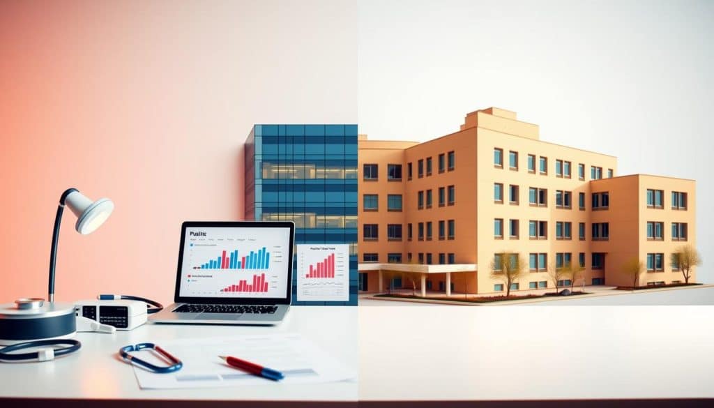 A vibrant and visually compelling side-by-side comparison of public and private healthcare systems. Set against a clean, minimalist background, the foreground depicts a doctor's desk with medical equipment, charts, and a laptop displaying comparative statistics and graphs. The middle ground showcases two distinct hospital buildings - one modern and sleek, the other more traditional - representing the private and public sectors. The lighting is warm and directional, creating depth and emphasizing the contrast between the two systems. The overall atmosphere conveys a sense of professionalism, data-driven analysis, and the complexities inherent in the healthcare landscape. A vibrant and visually compelling side-by-side comparison of public and private healthcare systems. Set against a clean, minimalist background, the foreground depicts a doctor's desk with medical equipment, charts, and a laptop displaying comparative statistics and graphs. The middle ground showcases two distinct hospital buildings - one modern and sleek, the other more traditional - representing the private and public sectors. The lighting is warm and directional, creating depth and emphasizing the contrast between the two systems. The overall atmosphere conveys a sense of professionalism, data-driven analysis, and the complexities inherent in the healthcare landscape.