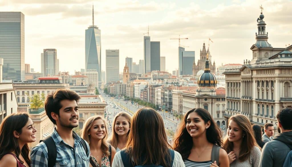 A vibrant cityscape depicting the economic context for Spanish youth. In the foreground, a group of young people engages in lively discussion, their faces animated with hope and determination. In the middle ground, towering skyscrapers and bustling streets symbolize the opportunities and challenges they face. The background features a blend of modern architecture and historic landmarks, reflecting Spain's rich cultural heritage. The scene is bathed in warm, golden light, conveying a sense of optimism and potential. The overall composition captures the dynamic interplay between the personal and the societal, where the aspirations of the young intersect with the broader economic landscape of Spain.