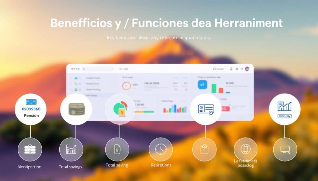 A vibrant, colorful illustration depicting the key benefits and functions of a retirement planning tool. In the foreground, a series of circular icons representing various financial metrics such as monthly pension, total savings, and retirement age. The middle ground features a sleek, minimalist interface with intuitive controls and data visualizations. The background showcases a serene, blurred landscape with a warm, golden-hour lighting, conveying a sense of financial security and well-being. The overall composition should be clean, elegant, and easily digestible, capturing the essence of the "Beneficios y Funciones de la Herramienta" section. A vibrant, colorful illustration depicting the key benefits and functions of a retirement planning tool. In the foreground, a series of circular icons representing various financial metrics such as monthly pension, total savings, and retirement age. The middle ground features a sleek, minimalist interface with intuitive controls and data visualizations. The background showcases a serene, blurred landscape with a warm, golden-hour lighting, conveying a sense of financial security and well-being. The overall composition should be clean, elegant, and easily digestible, capturing the essence of the "Beneficios y Funciones de la Herramienta" section.