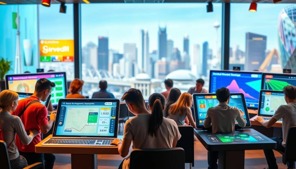 A vibrant digital environment showcasing a variety of interactive financial management games. In the foreground, a group of diverse characters are deeply engaged in colorful, playful simulations involving budgeting, investing, and money management. The middle ground features a sleek, modern interface with intuitive controls and informative displays. In the background, a softly blurred cityscape suggests the real-world applications of these educational experiences. Warm, inviting lighting and a sense of discovery create an atmosphere that encourages learning through exploration and hands-on experimentation.