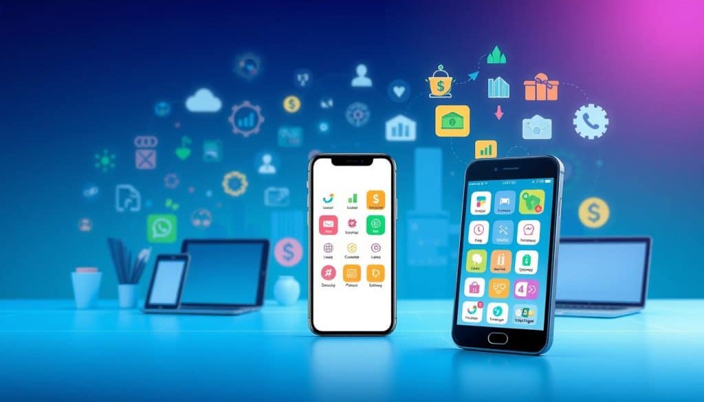 A vibrant, digital landscape showcasing a variety of financial tools and applications. In the foreground, a sleek smartphone displays a clean, intuitive interface with icons representing budgeting, investment, and banking features. Surrounding it, a collection of colorful, stylized icons and graphics illustrate different financial concepts such as savings, loans, and currency exchange. The middle ground features a diverse array of digital devices, from tablets to laptops, all seamlessly integrated and connected, highlighting the interconnectivity of modern financial technologies. In the background, a subtle gradient of blues and greens creates a calming, tech-savvy atmosphere, complemented by subtle lighting effects that add depth and dimension to the scene. The overall composition conveys a sense of empowerment, education, and the seamless integration of finance and technology.