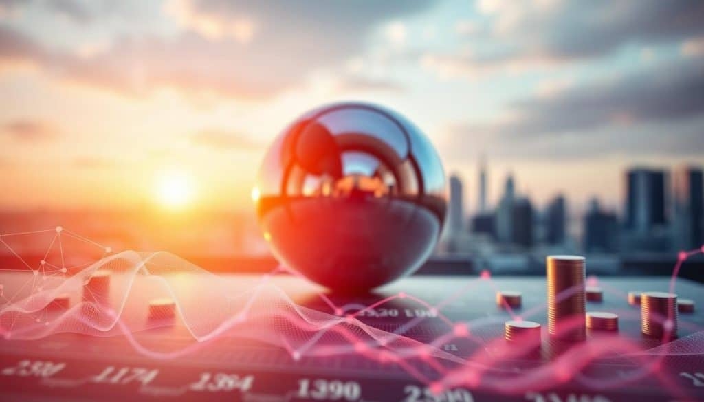 A vibrant, dynamic composition depicting key concepts of short-term investments. In the foreground, a stylized data visualization with interconnected shapes and lines, symbolizing the complex nature of financial markets. In the middle ground, a polished metal sphere reflects the surrounding elements, creating a sense of depth and movement. The background features a softly blurred cityscape, hinting at the broader economic landscape. Warm, directional lighting casts subtle shadows, emphasizing the three-dimensional aspects. The overall mood is one of sophistication, innovation, and the fast-paced world of short-term investing.