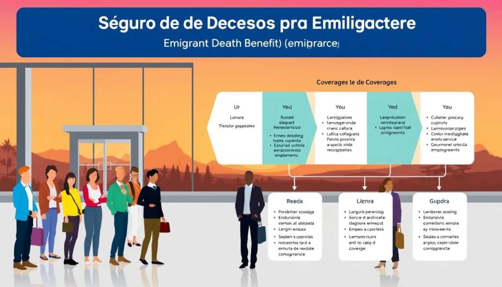 A vibrant illustration depicting the "Seguro de Decesos para Emigrantes" (Emigrant Death Benefit Insurance). In the foreground, a group of diverse individuals standing in front of a modern office building, conveying a sense of security and protection. The middle ground features a detailed diagram of the insurance policy's key coverages, presented in a clean and informative manner. The background showcases a warm, sunset-colored landscape, symbolizing the global reach and transnational nature of the emigrant experience. The overall composition emphasizes the comprehensive and inclusive nature of the insurance product, catering to the specific needs of those who have chosen to leave their home countries in search of new opportunities.