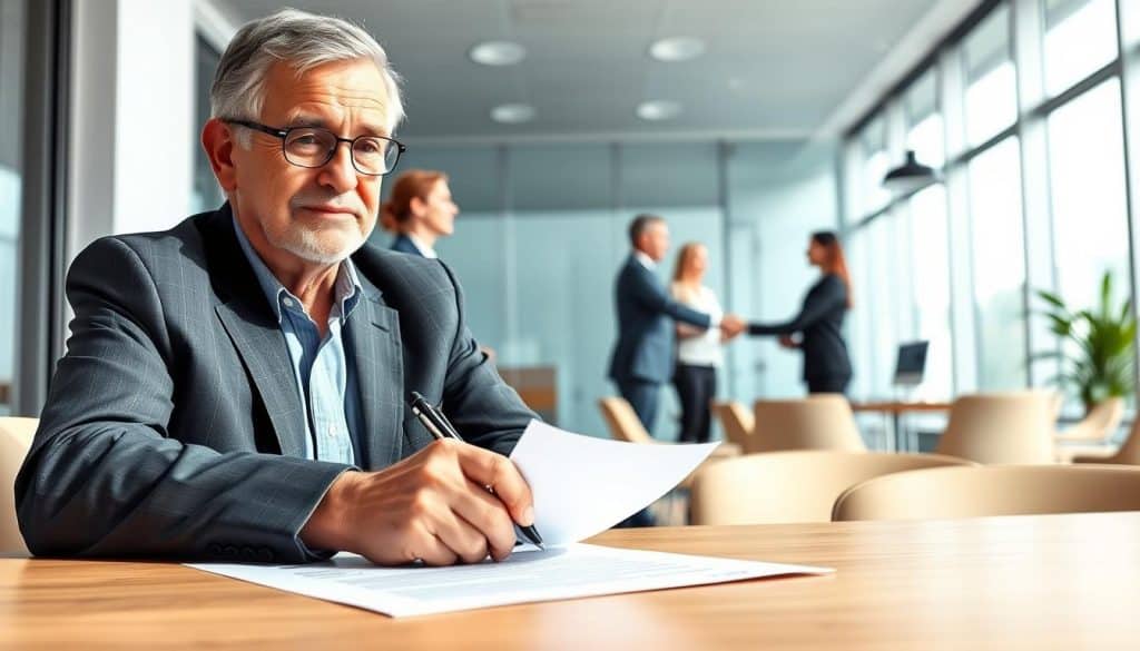A vibrant illustration of a "contrato relevo" or partial retirement contract. In the foreground, a middle-aged professional signs a legal document, their expression contemplative yet hopeful. In the middle ground, colleagues shake hands, signifying the transition of responsibilities. The background features a modern office setting, with clean lines, natural light, and a sense of professional collaboration. The overall scene conveys the process of gradually easing into retirement, with the subject retaining a role while passing the torch to the next generation. Crisp, high-contrast lighting and a neutral color palette lend an air of efficiency and clarity to the image.
