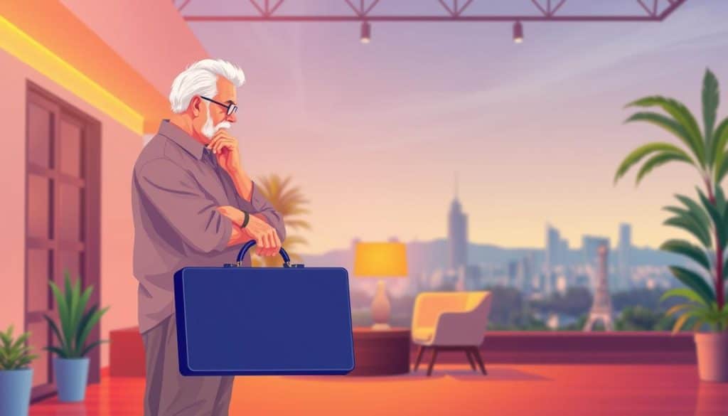 A vibrant illustration of a delayed retirement lump-sum payout, depicted with a serene, contemplative atmosphere. In the foreground, a retiree in casual attire stands pensively, their hand resting on a briefcase symbolizing the deferred pension. The middle ground features a warm, softly-lit setting, with a blend of modern and traditional architectural elements, suggesting a comfortable, thoughtful environment. The background showcases a distant cityscape, hinting at the broader financial and societal context. The overall mood is one of quiet contemplation, inviting the viewer to consider the advantages and tradeoffs of delaying retirement. A vibrant illustration of a delayed retirement lump-sum payout, depicted with a serene, contemplative atmosphere. In the foreground, a retiree in casual attire stands pensively, their hand resting on a briefcase symbolizing the deferred pension. The middle ground features a warm, softly-lit setting, with a blend of modern and traditional architectural elements, suggesting a comfortable, thoughtful environment. The background showcases a distant cityscape, hinting at the broader financial and societal context. The overall mood is one of quiet contemplation, inviting the viewer to consider the advantages and tradeoffs of delaying retirement.