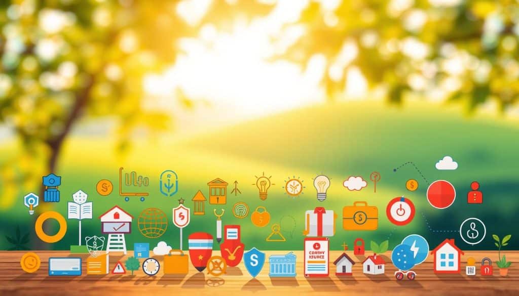 A vibrant illustration showcasing various types of life insurance policies. In the foreground, a diverse array of life insurance icons and symbols, each with a distinct visual identity - term life, whole life, universal life, and more. The middle ground features a soft-focus backdrop of a serene, sun-dappled landscape, conveying a sense of security and protection. The lighting is warm and natural, creating a welcoming and approachable atmosphere. The composition is balanced and visually engaging, drawing the viewer's eye through the different elements of this comprehensive life insurance landscape.