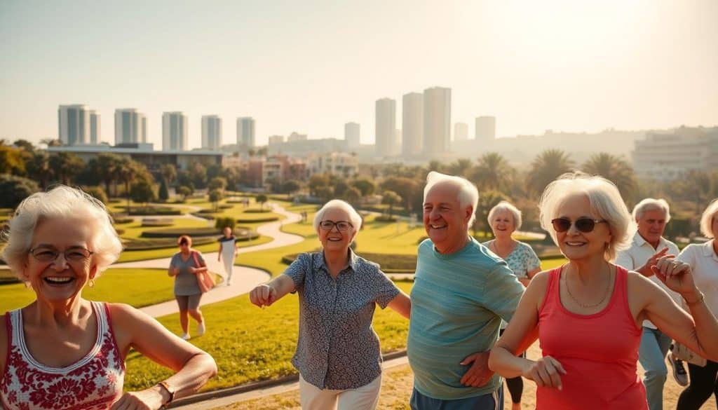 A vibrant, sun-drenched scene of active retirees enjoying their golden years in Spain. In the foreground, a group of seniors participate in a lively exercise class, their faces radiating joy and energy. The middle ground features a lush, well-manicured park with winding paths, where retirees stroll, converse, and savor the outdoors. In the background, a modern, architectural skyline reflects the progressive, urban context of this active retirement lifestyle. Warm, golden lighting bathes the entire scene, conveying a sense of warmth, vitality, and contentment. The overall mood is one of vibrancy, social engagement, and a fulfilling, active retirement in Spain.
