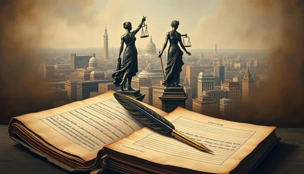 A vintage-style painting depicting the historical origins and ethical considerations of investment. In the foreground, an old ledger book and a quill pen symbolize the long history of finance. In the middle ground, a bronze statue representing justice and moral virtue stands guard over a bustling cityscape in the background, hinting at the ethical dilemmas faced by modern investors. The painting is rendered in a muted, earthy color palette with soft, warm lighting to convey a sense of timeless wisdom and thoughtful introspection. The overall composition suggests the delicate balance between financial progress and ethical responsibility.