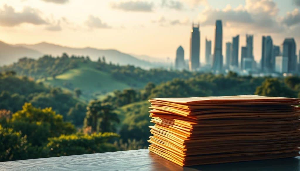 A visually striking and meticulously rendered scene depicting "bonos verdes" (green bonds) in the context of sustainable finance. In the foreground, a stack of gold-tinted bonds, their edges slightly worn, cast a warm glow under soft, diffused lighting. In the middle ground, a lush, verdant landscape of rolling hills and flourishing trees, symbolizing the environmental benefits of green investments. In the background, a sleek, modern cityscape with gleaming skyscrapers, hinting at the integration of sustainable finance into the urban landscape. The overall mood is one of balance, prosperity, and a harmonious blend of nature and technology, reflecting the ethos of responsible, impactful investing. A visually striking and meticulously rendered scene depicting "bonos verdes" (green bonds) in the context of sustainable finance. In the foreground, a stack of gold-tinted bonds, their edges slightly worn, cast a warm glow under soft, diffused lighting. In the middle ground, a lush, verdant landscape of rolling hills and flourishing trees, symbolizing the environmental benefits of green investments. In the background, a sleek, modern cityscape with gleaming skyscrapers, hinting at the integration of sustainable finance into the urban landscape. The overall mood is one of balance, prosperity, and a harmonious blend of nature and technology, reflecting the ethos of responsible, impactful investing.