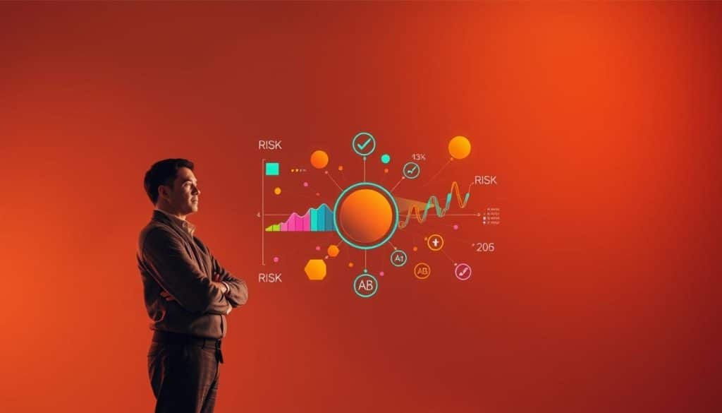 A visually striking illustration of an investor risk profile, captured through a cinematic lens. In the foreground, a poised individual stands confidently, their expression conveying a sense of contemplation and careful consideration. The middle ground features a dynamic visualization of investment options, represented by various geometric shapes and vibrant colors, symbolizing the diverse risk and return characteristics. The background is a soft, blurred gradient, creating a sense of depth and focus on the central elements. The overall scene is illuminated by warm, directional lighting, evoking a mood of thoughtfulness and measured decision-making. This image aims to encapsulate the essence of determining one's investment objectives and risk tolerance.