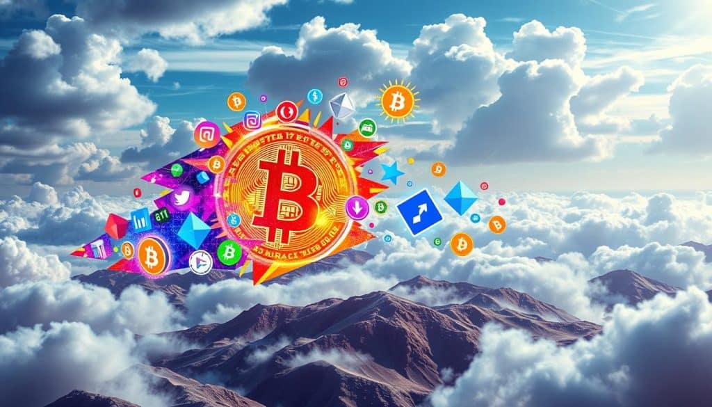 A vivid futuristic depiction of the evolution of cryptocurrencies. In the foreground, a stylized Bitcoin symbol transforms and morphs into various other cryptocurrency icons, each bursting with dynamic energy and vibrant colors. The middle ground features a swirling, ever-changing landscape of blockchain-inspired geometric shapes and patterns, hinting at the complex underlying technology. In the background, a vast, cloudy sky with shimmering, ethereal light creates a sense of wonder and possibility, symbolizing the limitless potential of this emerging financial frontier. The overall scene conveys a sense of rapid progression, innovation, and the captivating, ever-evolving nature of the cryptocurrency landscape.