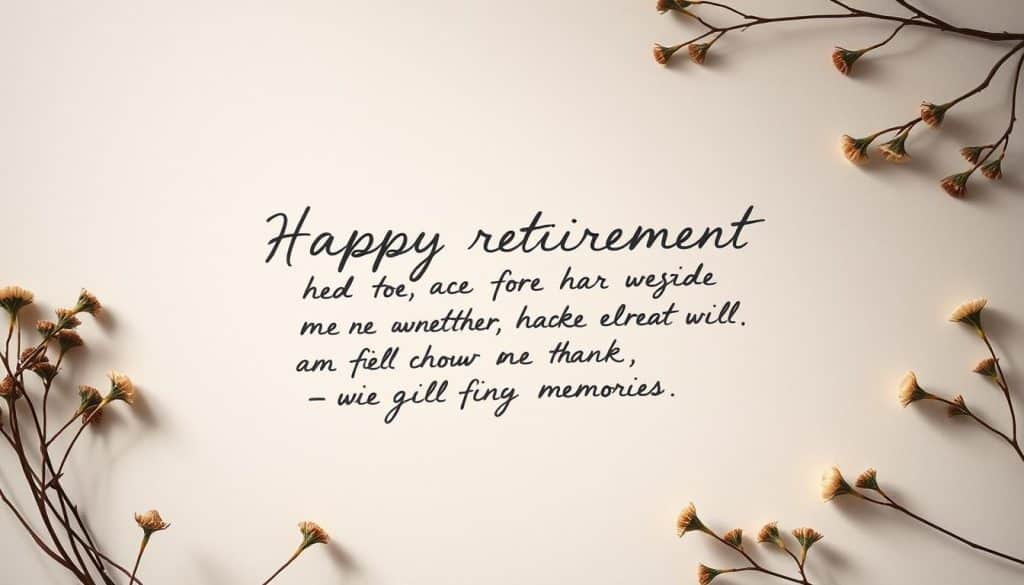 A warm and emotive retirement message handwritten in cursive on a textured, off-white paper backdrop. The message is heartfelt, conveying sentiments of gratitude, well-wishes, and fond memories. Delicate floral accents in muted, earthy tones frame the composition, creating a sense of elegance and thoughtfulness. Soft, diffused lighting casts gentle shadows, adding depth and a contemplative mood. The overall aesthetic is refined, sentimental, and evocative of the significance of this transitional life moment. A warm and emotive retirement message handwritten in cursive on a textured, off-white paper backdrop. The message is heartfelt, conveying sentiments of gratitude, well-wishes, and fond memories. Delicate floral accents in muted, earthy tones frame the composition, creating a sense of elegance and thoughtfulness. Soft, diffused lighting casts gentle shadows, adding depth and a contemplative mood. The overall aesthetic is refined, sentimental, and evocative of the significance of this transitional life moment.