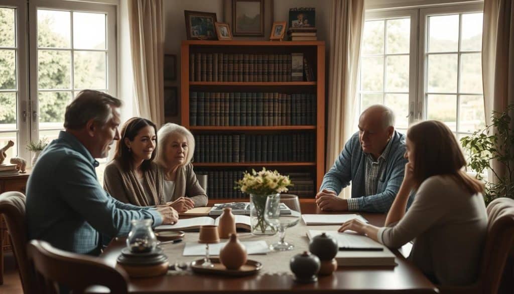 A warm and welcoming family home, bathed in soft natural light filtering through large windows. In the foreground, a family gathers around a table, deep in discussion, their expressions contemplative as they navigate the intricacies of a family inheritance. Glimpses of family heirlooms and personal mementos adorn the space, creating a sense of history and tradition. The middle ground features a bookshelf filled with legal tomes, alluding to the complexities of the succession process. In the background, a peaceful garden scene can be seen through the windows, adding a sense of tranquility to the scene. The overall mood is one of thoughtful deliberation, underscored by a muted color palette and gentle lighting.