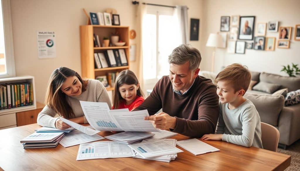 A warm, domestic scene of a family managing their household finances. In the foreground, a family of four - parents and two children - sitting around a wooden table, reviewing bills, receipts, and a household budget spreadsheet. Soft natural lighting filters in through a window, casting a gentle glow on their faces. In the middle ground, a bookshelf filled with financial planning guides and a bulletin board with reminders and checklists. In the background, a cozy living room with a comfortable sofa and family photos on the walls, conveying a sense of home and stability. The mood is one of focus, teamwork, and financial responsibility, with an underlying tone of security and well-being.