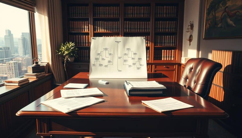 A warm, inviting office setting with a heavy wooden desk and leather chair. On the desk, scattered documents and a family tree diagram, depicting the complex web of relationships and inheritance. Soft, directional lighting casts shadows, emphasizing the depth and detail of the scene. In the background, bookshelves filled with legal tomes and a window overlooking a bustling city skyline. The overall atmosphere conveys the gravitas and importance of the topic of inheritance tax calculation, with a sense of professionalism and attention to detail.