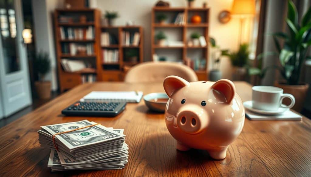 A warm, inviting scene depicting a financial emergency fund. In the foreground, a stack of crisp bills and a piggy bank with a determined expression, symbolizing saved wealth. The middle ground features a wooden table with a calculator, notepad, and a cup of coffee, representing the active management of finances. In the background, a cozy, well-lit home interior with bookshelves and plants, conveying a sense of stability and security. The lighting is soft and natural, creating a tranquil atmosphere. The composition emphasizes the importance of financial preparedness and the peace of mind it brings.