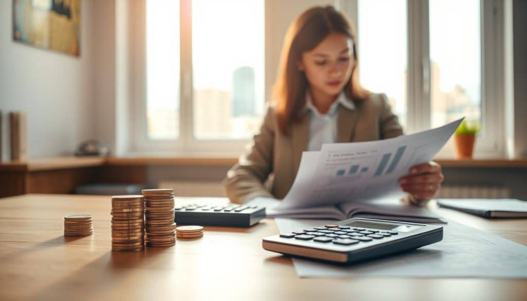 A warm, inviting scene depicting the importance of personal finance. In the foreground, a stack of coins, a calculator, and a financial report sit atop a wooden desk, illuminated by soft, natural lighting. In the middle ground, a person in a casual, professional outfit reviews the documents, their expression one of focused consideration. The background features a window overlooking a vibrant, urban landscape, symbolizing the connection between personal finance and overall financial well-being. The atmosphere conveys a sense of thoughtfulness, responsibility, and the empowering nature of understanding one's financial standing.
