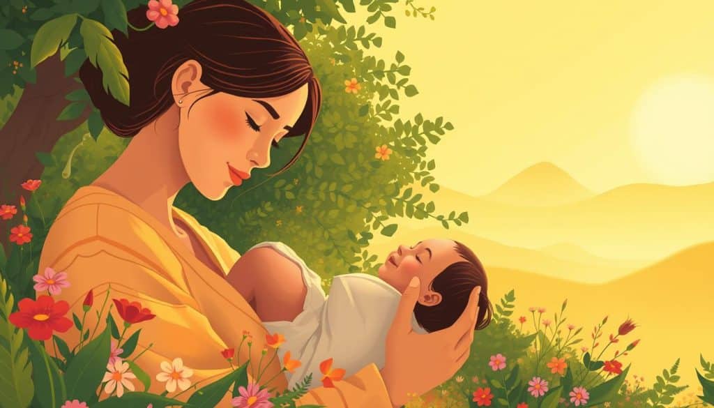 A warm, serene illustration depicting a mother cradling her newborn child, surrounded by a lush, verdant landscape. The foreground features the mother's gentle embrace, her expression radiating love and contentment. In the middle ground, a vibrant array of flowers and foliage symbolize the flourishing of new life. The background showcases a soft, hazy skyline, bathed in golden, diffused light, conveying a sense of tranquility and harmony. The scene embodies the complementary roles of motherhood and the reduction of the gender gap, celebrating the important contributions of women in society. A warm, serene illustration depicting a mother cradling her newborn child, surrounded by a lush, verdant landscape. The foreground features the mother's gentle embrace, her expression radiating love and contentment. In the middle ground, a vibrant array of flowers and foliage symbolize the flourishing of new life. The background showcases a soft, hazy skyline, bathed in golden, diffused light, conveying a sense of tranquility and harmony. The scene embodies the complementary roles of motherhood and the reduction of the gender gap, celebrating the important contributions of women in society.