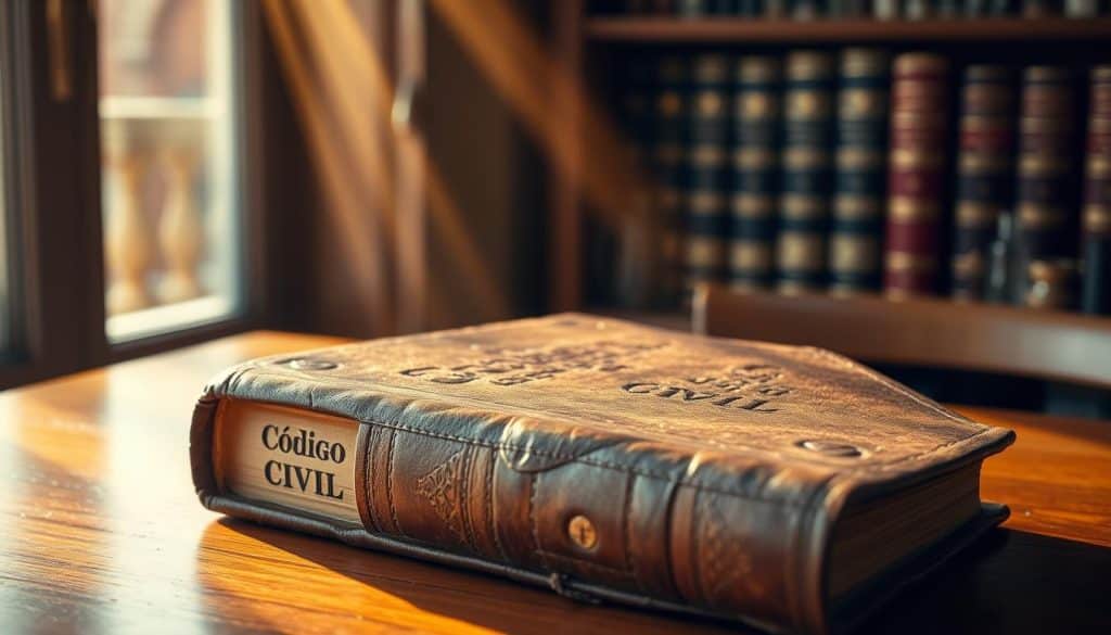 A weathered leather-bound book, its cover embossed with the words "Código Civil" sits on a polished wooden table. Rays of warm, golden light stream through a nearby window, casting a soft glow on the book's aged pages. In the background, a neatly organized bookshelf holds volumes on legal matters, hinting at the authoritative and scholarly nature of the subject. The scene conveys a sense of tradition, knowledge, and the gravity of the legal framework surrounding inheritance laws in Spain.