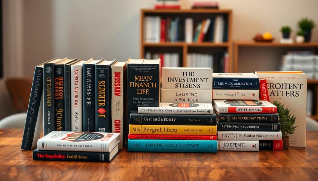 A well-curated selection of investment books arranged artfully on a wooden table, with a soft, warm lighting illuminating their covers. The books are organized in an inviting, visually appealing manner, showcasing their titles and authors in a clean, minimalist layout. The background is blurred, placing the focus entirely on the books and creating a sense of depth and perspective. The overall mood is one of knowledge, sophistication, and a passion for personal finance and investing.