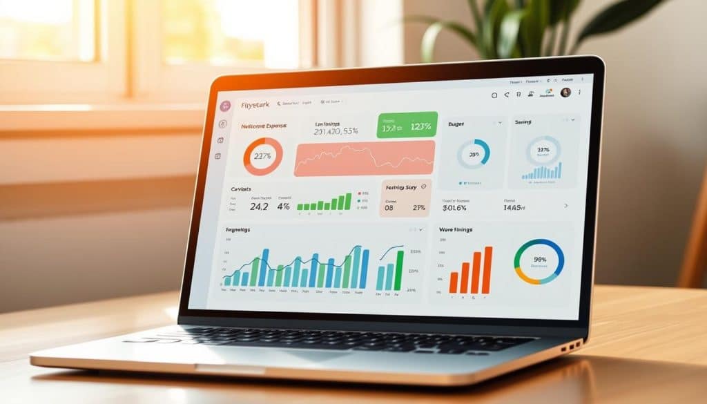 A well-designed, modern personal finance dashboard displayed on a sleek laptop or tablet, with colorful charts, graphs, and intuitive interfaces showcasing income, expenses, budgets, and savings. The scene is bathed in warm, natural lighting, creating a sense of clarity and focus. The layout is clean and uncluttered, emphasizing the key financial metrics and insights needed to understand one's personal financial situation. The overall atmosphere conveys a feeling of control, organization, and a proactive approach to managing one's finances.