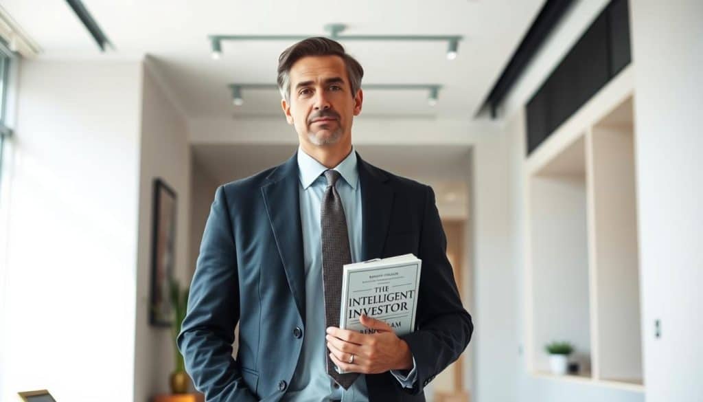 A well-dressed, intellectual-looking individual standing in a modern, minimalist office setting. The person has a thoughtful expression, holding a book titled "The Intelligent Investor" by Benjamin Graham. The lighting is soft and natural, highlighting the person's face and the book's cover. The background features clean lines, neutral colors, and subtle accents, creating a sense of focus and contemplation. The overall scene conveys an atmosphere of financial wisdom, strategic thinking, and a deep understanding of modern investment principles.