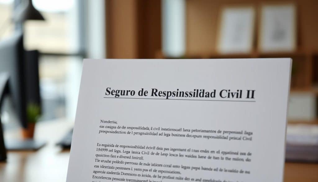 A well-lit, high-quality photograph of a business insurance policy document, prominently displaying the title "Seguro de Responsabilidad Civil" in a clean, professional font. The document should be framed against a blurred, professional-looking office backdrop, with subtle hints of a desk, computer, or other office equipment visible in the background. The focus should be on the insurance policy document, conveying a sense of authority, reliability, and legal importance. The lighting should be soft and warm, creating a sense of trustworthiness and legitimacy. The overall composition should be balanced and visually appealing, highlighting the key elements of the "Seguro de Responsabilidad Civil" policy. A well-lit, high-quality photograph of a business insurance policy document, prominently displaying the title "Seguro de Responsabilidad Civil" in a clean, professional font. The document should be framed against a blurred, professional-looking office backdrop, with subtle hints of a desk, computer, or other office equipment visible in the background. The focus should be on the insurance policy document, conveying a sense of authority, reliability, and legal importance. The lighting should be soft and warm, creating a sense of trustworthiness and legitimacy. The overall composition should be balanced and visually appealing, highlighting the key elements of the "Seguro de Responsabilidad Civil" policy.