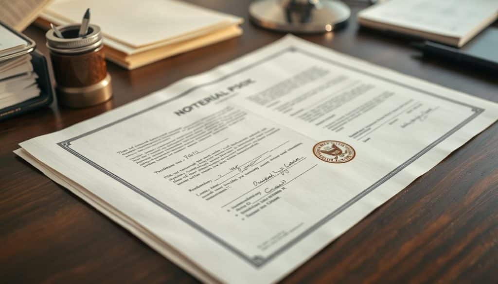 A well-lit, high-resolution document on a desk, featuring a formal notarial partition document with crisp, legible handwriting and an official seal. The document has a slightly aged appearance, conveying its legal significance. The desk is made of dark wood, with a clean, minimal arrangement of office supplies in the background, creating a professional, administrative atmosphere. Soft, directional lighting illuminates the document, casting subtle shadows that accentuate the texture of the paper. The camera angle is slightly elevated, providing a clear, detailed view of the notarial partition document as the focal point.