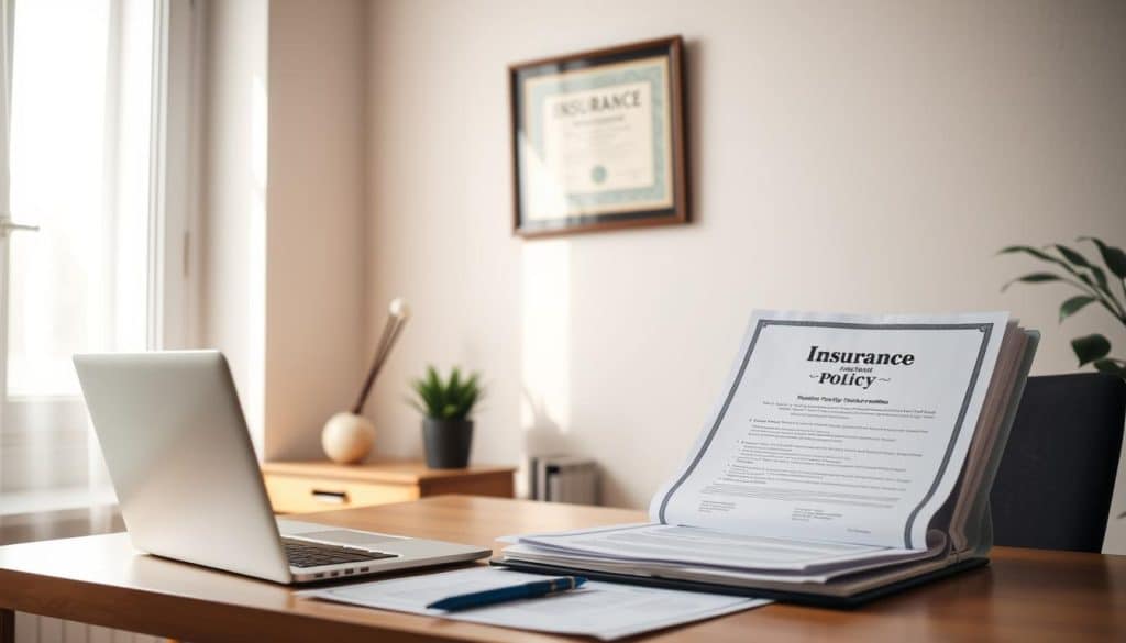 A well-lit home office scene, with a desk featuring a laptop, documents, and an insurance policy file. On the wall, a framed diploma or certificate, hinting at the viewer's expertise. Soft, natural lighting from a window illuminates the space, creating a professional and focused atmosphere. The desk is neat and organized, conveying a sense of diligence and attention to detail. The overall mood is one of thoughtful review and careful consideration of the insurance policy, reflecting the "Revisión de la póliza y recopilación de documentación" section of the article.