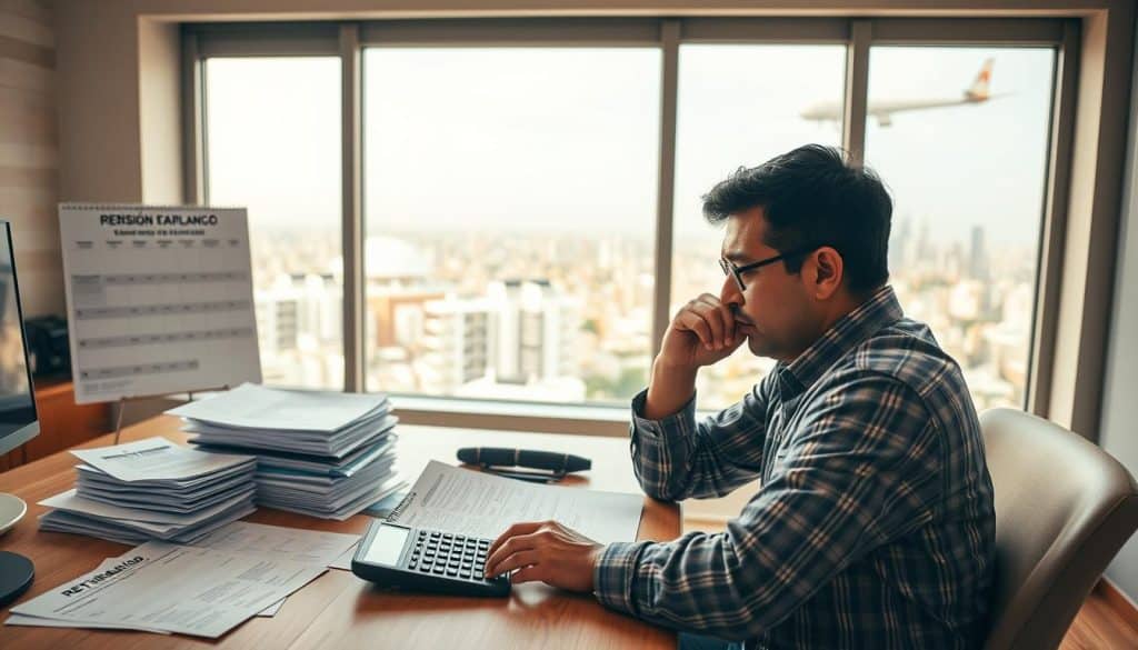 A well-lit, meticulously detailed scene depicting the concept of "cálculo pensión trabajo" (calculating pension and work). In the foreground, a worker sits at a desk, scrutinizing financial documents and a calculator, deep in thought. The middle ground features a stack of forms, retirement brochures, and a calendar highlighting key dates. In the background, a window overlooking a cityscape symbolizes the transition to retirement. Warm, soft lighting creates a contemplative atmosphere, as the worker contemplates the balance between continuing employment and drawing a pension. Captured with a medium-wide lens at eye level, conveying a sense of the worker's perspective and decision-making process.