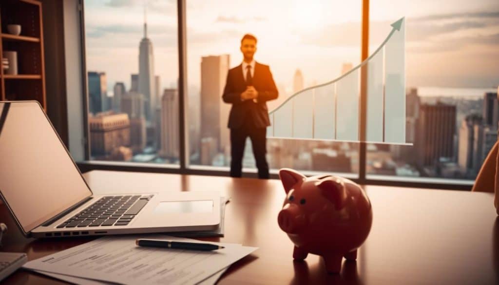 A well-lit office desk with a laptop, financial documents, and a piggy bank in the foreground. In the middle ground, a person in a suit stands next to a projected chart illustrating financial goals and growth trajectories. The background features a cityscape with skyscrapers, evoking a sense of urban prosperity. The lighting is warm and inviting, with soft shadows highlighting the key elements. The overall composition conveys a sense of purposeful financial planning and achieving personal financial objectives. A well-lit office desk with a laptop, financial documents, and a piggy bank in the foreground. In the middle ground, a person in a suit stands next to a projected chart illustrating financial goals and growth trajectories. The background features a cityscape with skyscrapers, evoking a sense of urban prosperity. The lighting is warm and inviting, with soft shadows highlighting the key elements. The overall composition conveys a sense of purposeful financial planning and achieving personal financial objectives.