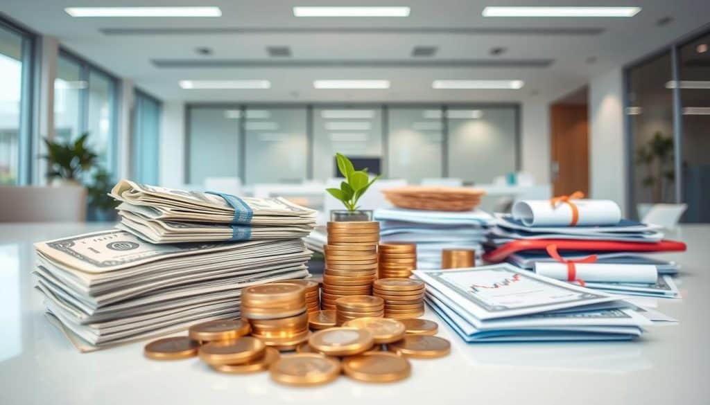 A well-lit, wide-angle view of a variety of short-term investment options, including cash, bonds, money market funds, and other liquid assets. The foreground features a stack of currency bills, a pile of coins, and a few financial documents, conveying the immediate accessibility and tangibility of these investments. The middle ground showcases a range of financial instruments, such as bonds and stock certificates, hinting at the diversity of short-term investment opportunities. The background depicts a modern, minimalist office setting, with clean lines and neutral tones, creating a sense of professionalism and stability. The overall composition emphasizes the convenience, security, and versatility of short-term investments, reflecting the key characteristics and advantages highlighted in the article section.
