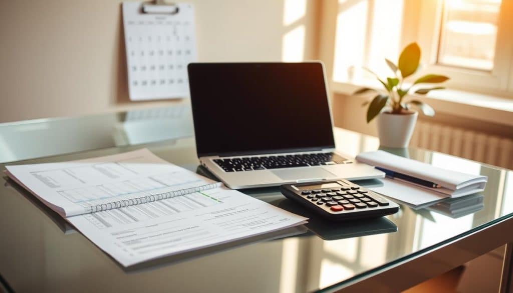 A well-organized financial plan laid out on a sleek glass desk, with a laptop, calculator, and neatly arranged documents. Warm, natural lighting illuminates the scene, creating a sense of focus and productivity. In the background, a minimalist wall calendar and a potted plant add a touch of greenery, symbolizing the growth and progress of the financial journey. The overall composition conveys a harmonious balance between technology, organization, and a thoughtful approach to personal finance. A well-organized financial plan laid out on a sleek glass desk, with a laptop, calculator, and neatly arranged documents. Warm, natural lighting illuminates the scene, creating a sense of focus and productivity. In the background, a minimalist wall calendar and a potted plant add a touch of greenery, symbolizing the growth and progress of the financial journey. The overall composition conveys a harmonious balance between technology, organization, and a thoughtful approach to personal finance.