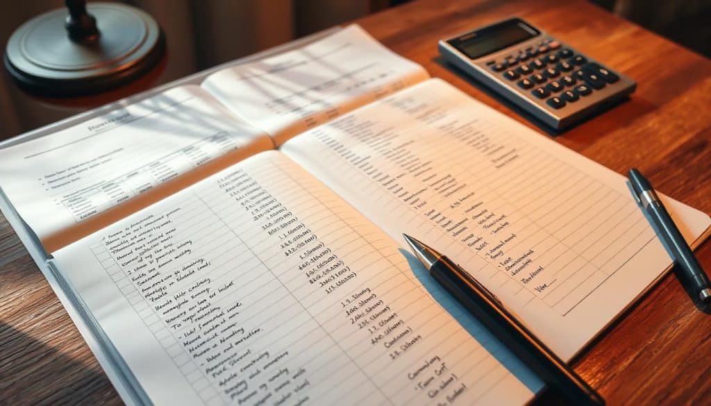 A well-organized inventory ledger laid out on a wooden desk, with a pen and calculator nearby. The desk is set against a warm, softly-lit background, hinting at a cozy home office. The ledger pages are open, revealing meticulous handwritten notes and columns of numbers, conveying a sense of careful financial management. The lighting casts gentle shadows, adding depth and dimension to the scene. An air of professionalism and attention to detail permeates the image, capturing the essence of "beneficio inventario" and its role in responsible estate administration.