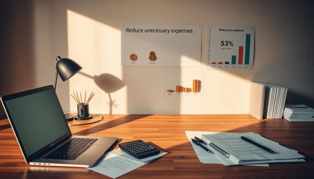 A well-organized office space with a laptop, calculator, and tidy documents on a minimalist wooden desk. Warm, directional lighting casts subtle shadows, creating a calm, focused atmosphere. In the background, a simple wall display showcases visual metaphors for reducing unnecessary expenses, such as a piggy bank, coins, and a chart tracking financial progress. The overall composition conveys a sense of streamlining, efficiency, and mindful money management. A well-organized office space with a laptop, calculator, and tidy documents on a minimalist wooden desk. Warm, directional lighting casts subtle shadows, creating a calm, focused atmosphere. In the background, a simple wall display showcases visual metaphors for reducing unnecessary expenses, such as a piggy bank, coins, and a chart tracking financial progress. The overall composition conveys a sense of streamlining, efficiency, and mindful money management.