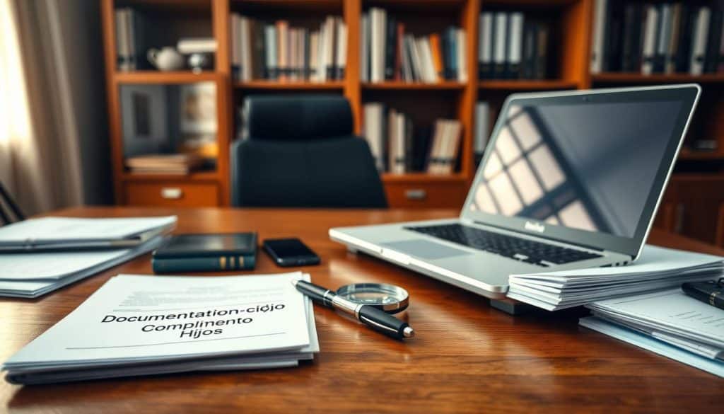 A well-organized office space with a wooden desk, a laptop, and various document folders. On the desk, a stack of paperwork labeled "Documentación Complemento Hijos" sits next to a pen and a magnifying glass, suggesting attention to detail. The lighting is warm and inviting, creating a professional yet approachable atmosphere. The background features a bookshelf filled with reference materials, hinting at the importance of thorough preparation. The overall scene conveys a sense of diligence and care in the documentation process, reflecting the care and attention required for the "Complemento por Hijo en la Jubilación" topic. A well-organized office space with a wooden desk, a laptop, and various document folders. On the desk, a stack of paperwork labeled "Documentación Complemento Hijos" sits next to a pen and a magnifying glass, suggesting attention to detail. The lighting is warm and inviting, creating a professional yet approachable atmosphere. The background features a bookshelf filled with reference materials, hinting at the importance of thorough preparation. The overall scene conveys a sense of diligence and care in the documentation process, reflecting the care and attention required for the "Complemento por Hijo en la Jubilación" topic.