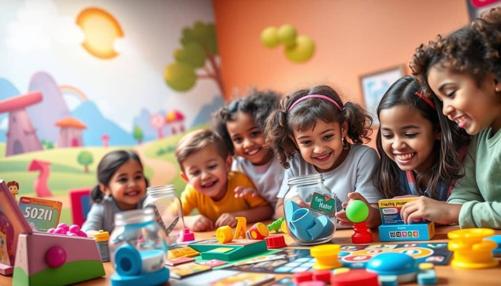 A whimsical educational financial game scene, with vibrant colors and a playful atmosphere. In the foreground, a group of diverse children enthusiastically engaging with interactive educational toys and board games, their faces alight with curiosity and joy. In the middle ground, a variety of brightly colored, tactile financial literacy tools, such as play money, savings jars, and reward charts. The background depicts a stylized, imaginative landscape, with playful elements like floating clouds, rainbow-hued pathways, and a warm, sun-dappled ambiance, conveying a sense of wonder and discovery. The overall composition should inspire a sense of fun, learning, and hands-on exploration of financial concepts for young audiences. A whimsical educational financial game scene, with vibrant colors and a playful atmosphere. In the foreground, a group of diverse children enthusiastically engaging with interactive educational toys and board games, their faces alight with curiosity and joy. In the middle ground, a variety of brightly colored, tactile financial literacy tools, such as play money, savings jars, and reward charts. The background depicts a stylized, imaginative landscape, with playful elements like floating clouds, rainbow-hued pathways, and a warm, sun-dappled ambiance, conveying a sense of wonder and discovery. The overall composition should inspire a sense of fun, learning, and hands-on exploration of financial concepts for young audiences.