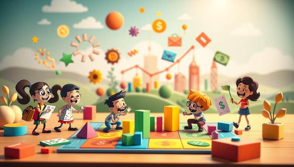 A whimsical financial education scene with vibrant colors and playful elements. In the foreground, a group of cartoon characters, each representing different financial skills like budgeting, saving, and investing, engage in a lively board game or puzzle. The middle ground features colorful shapes, charts, and icons that visualize financial concepts in an engaging, gamified way. The background depicts a stylized cityscape or landscape, conveying a sense of growth, progress, and financial empowerment. The lighting is warm and soft, creating a welcoming, approachable atmosphere. The overall composition is dynamic, balanced, and designed to spark curiosity and enthusiasm for learning about personal finance in a fun, accessible manner.