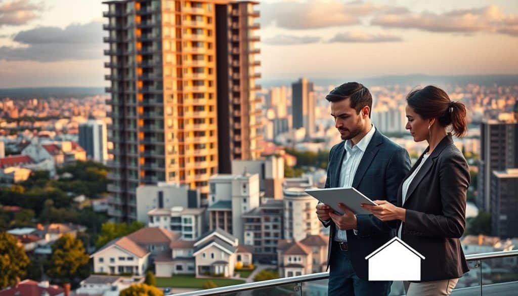 An elegant modern apartment building set against a scenic city skyline, bathed in warm golden hour light. In the foreground, a well-dressed couple contemplates real estate investment options, documents and tablets in hand. The middle ground features a diverse range of residential property types - single-family homes, condos, townhouses - presented as investment opportunities. The background showcases the vibrant, bustling city, hinting at the potential for urban real estate growth. Subtle visual cues suggest the multiple pathways to real estate investing - rental properties, flipping, commercial developments. An atmosphere of thoughtful consideration and financial potential permeates the scene.