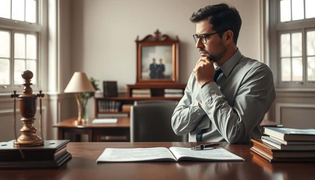 An elegantly composed study of the complex process of inheritance evaluation. A thoughtful figure, deep in contemplation, stands amidst a meticulously rendered legal document and a harmonious blend of formal elements - a polished wooden desk, a well-lit room with soft, natural lighting filtering through large windows. The scene exudes a sense of gravity and deliberation, inviting the viewer to ponder the weighty decisions at hand. Muted tones and a restrained palette evoke a mood of seriousness and professionalism, perfectly suited to illustrate the "Aspects to Consider Before Making the Decision" section of the article.